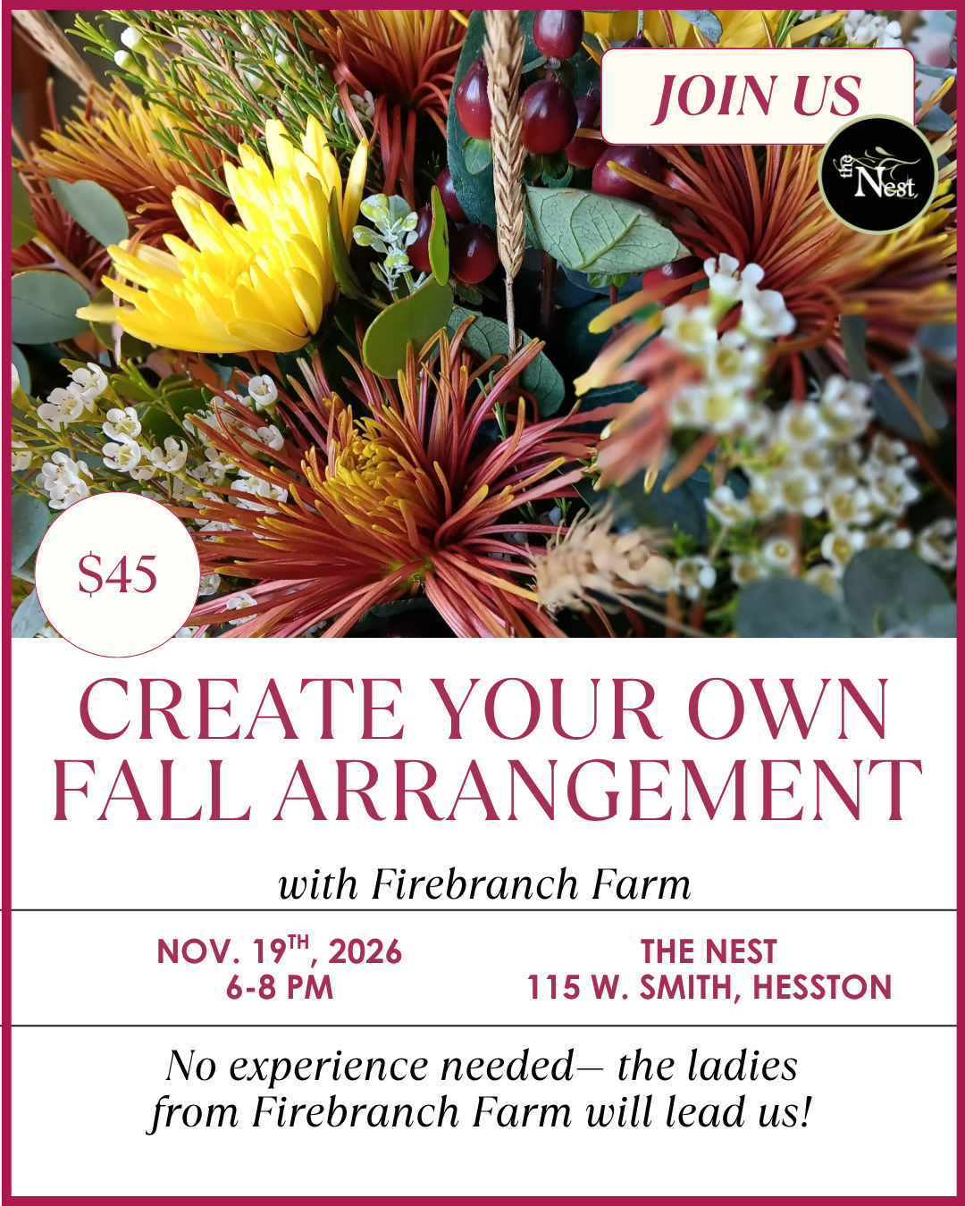 Thanksgiving Flower Workshop at Thu, Nov 19, 2026 06:00 PM CST