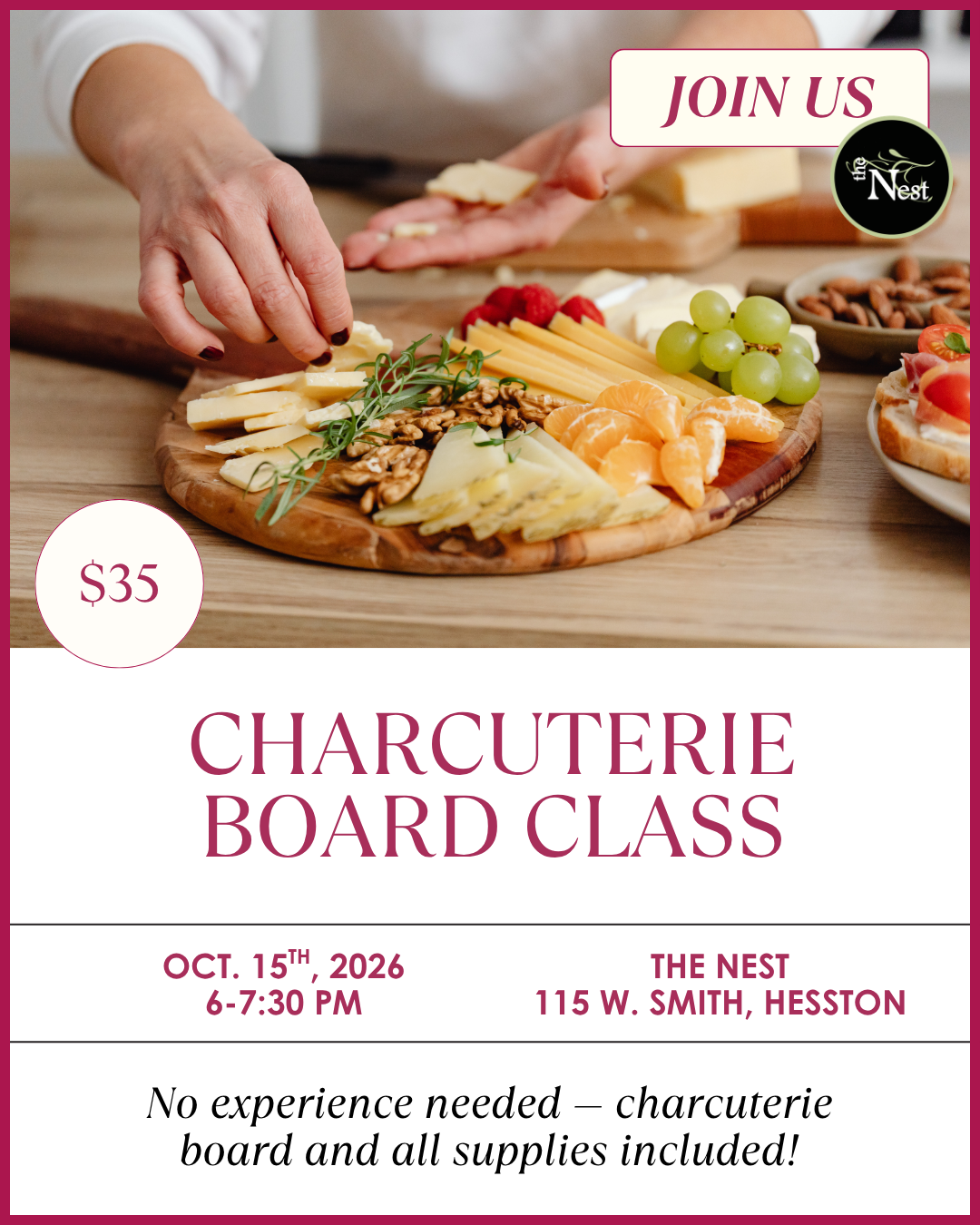 Charcuterie Board Class at Thu, Oct 15, 2026 06:00 PM CDT