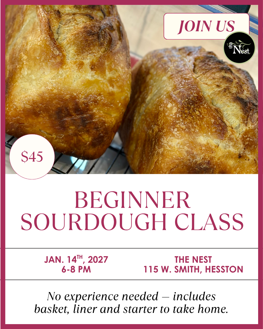 Beginner Sourdough Class at Thu, Jan 14, 2027 06:00 PM CST
