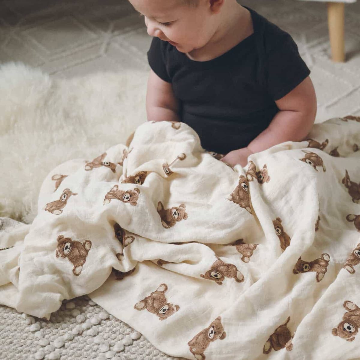 Bamboo Muslin Swaddle Baby Blanket (Teddy Bear)